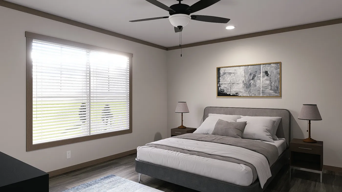 The FARM 4 FLEX Primary Bedroom. This Manufactured Mobile Home features 4 bedrooms and 3 baths.