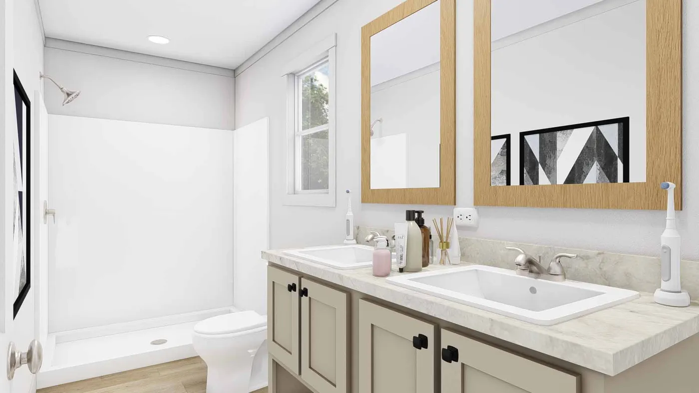 The 2008 "JOHNNY B GOODE" 5228 Primary Bathroom. This Manufactured Mobile Home features 3 bedrooms and 2 baths.
