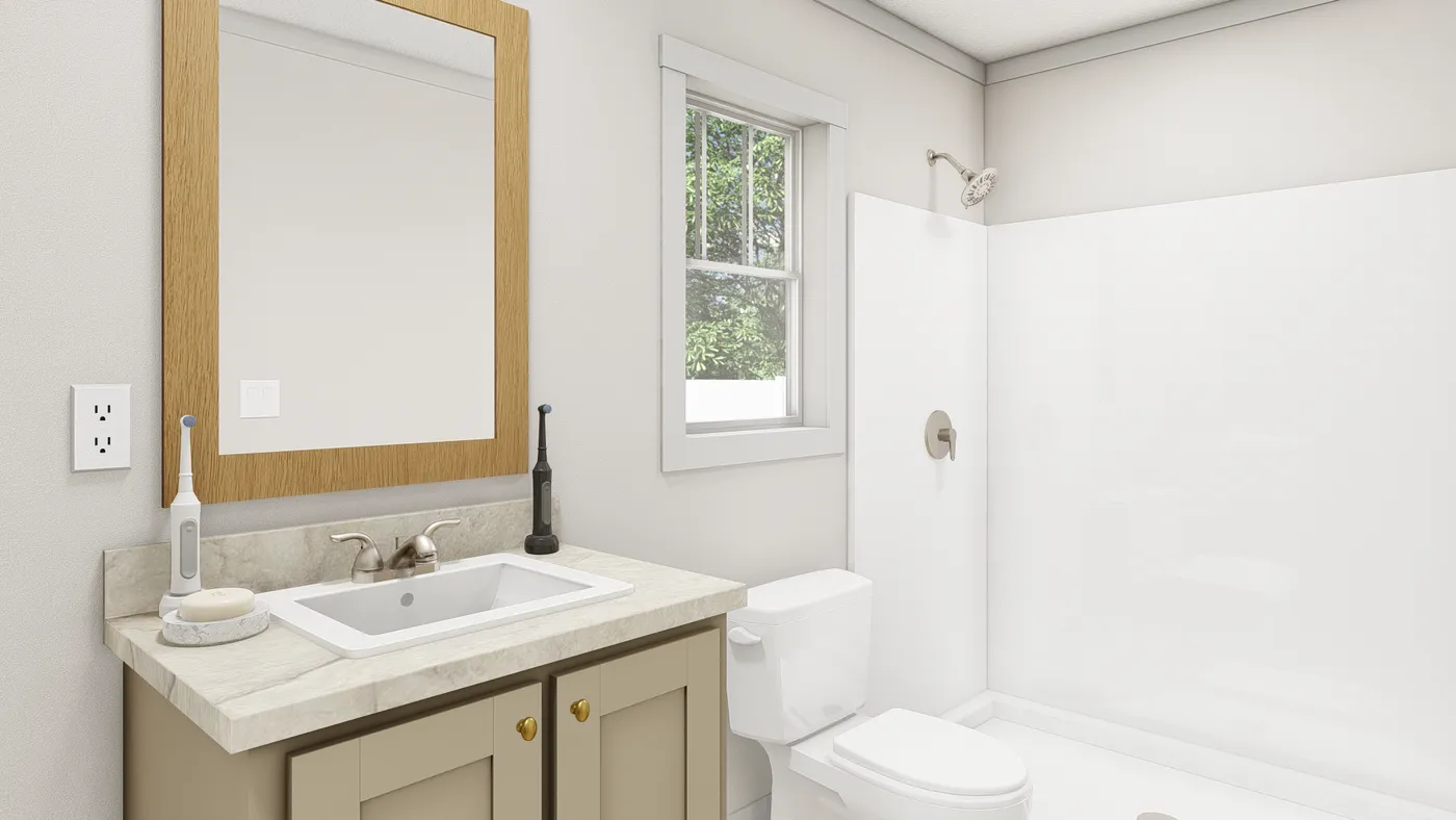 The 1004 "RHYTHM NATION" 6616 Guest Bathroom. This Manufactured Mobile Home features 3 bedrooms and 2 baths.