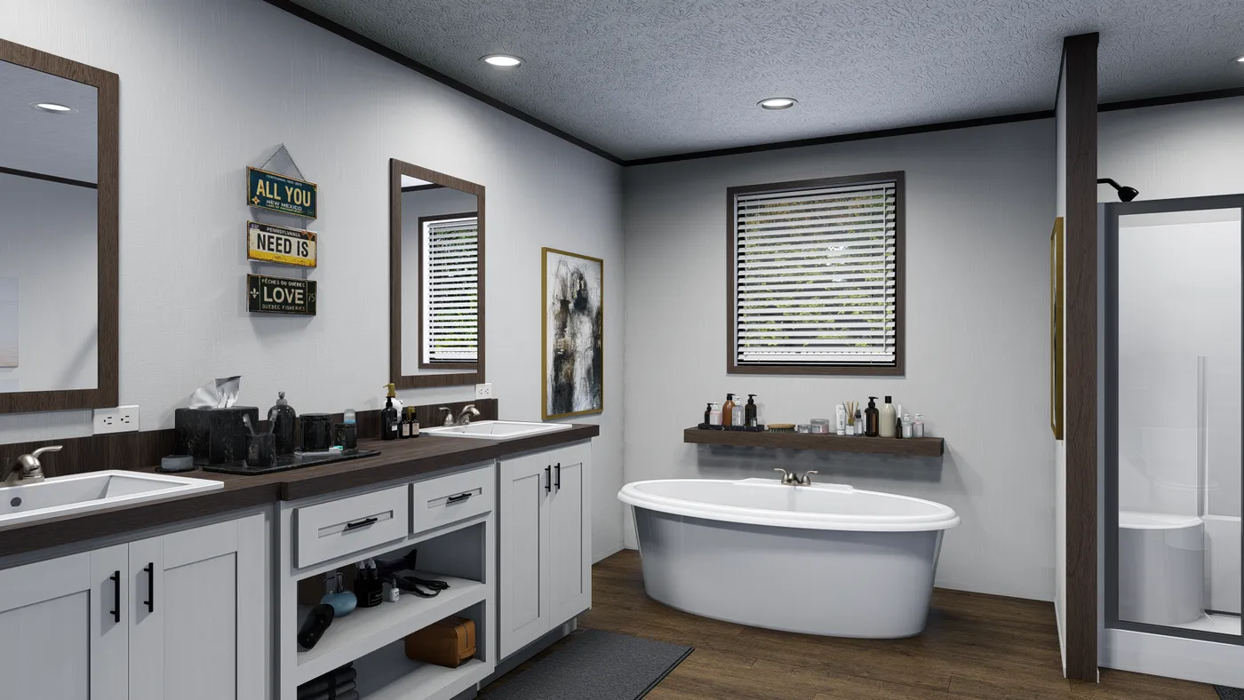 The PEARL Primary Bathroom. This Manufactured Mobile Home features 4 bedrooms and 2 baths.