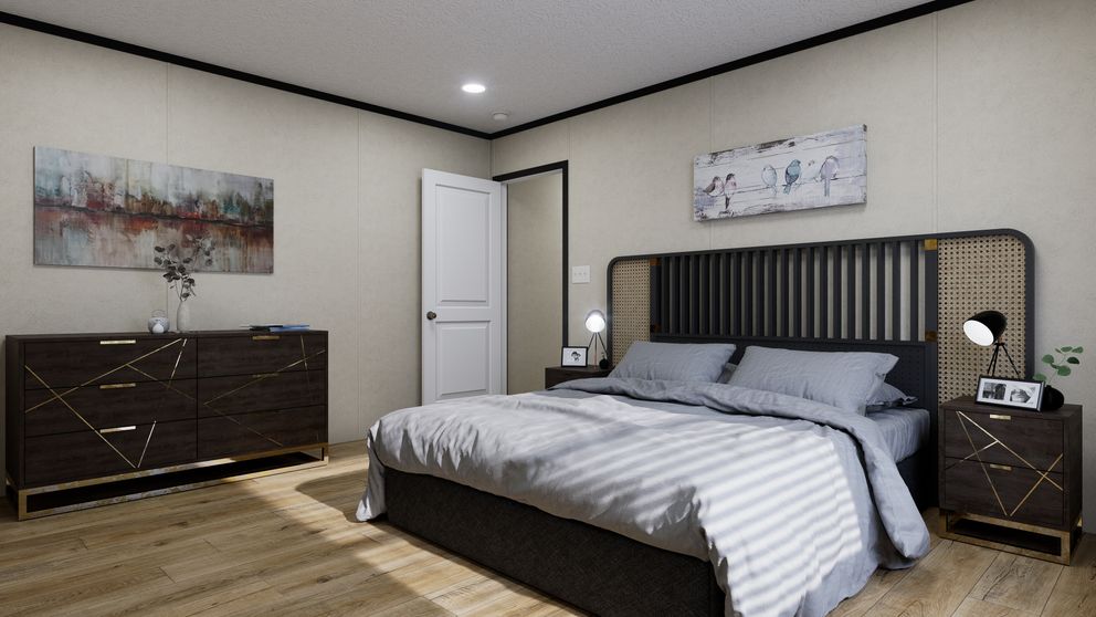 The 7616-CC03 HARBORVIEW 76 Primary Bedroom. This Manufactured Mobile Home features 3 bedrooms and 2 baths.