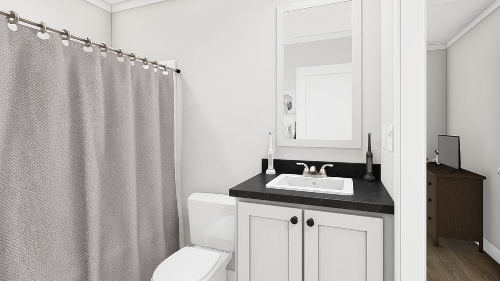 The RHYTHM NATION Guest Bathroom. This Manufactured Mobile Home features 3 bedrooms and 2 baths.