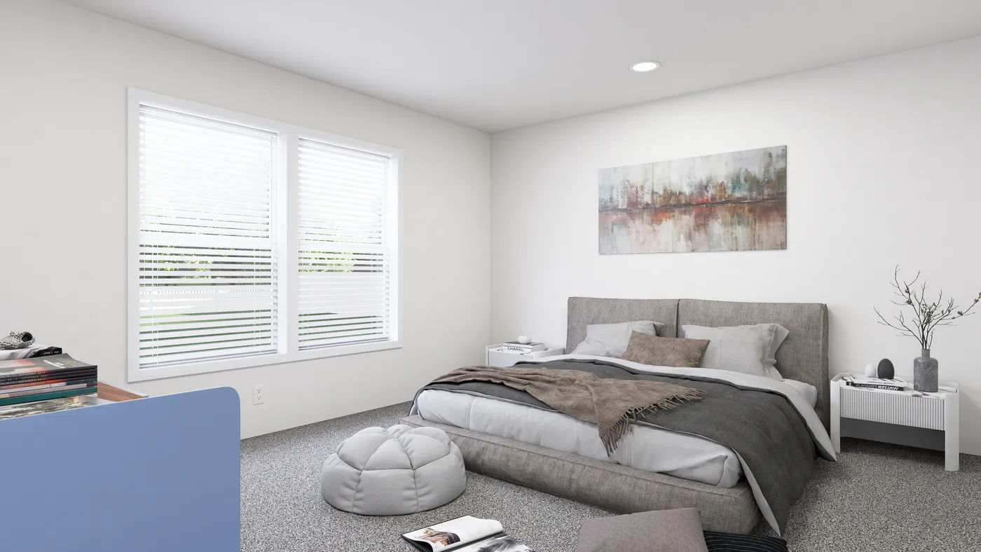 The SLE 561F Primary Bedroom. This Manufactured Mobile Home features 3 bedrooms and 2 baths.