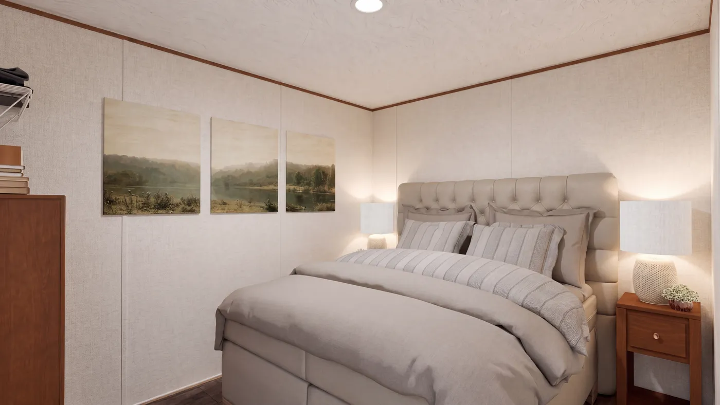The TULIP Primary Bedroom. This Manufactured Mobile Home features 2 bedrooms and 1 bath.