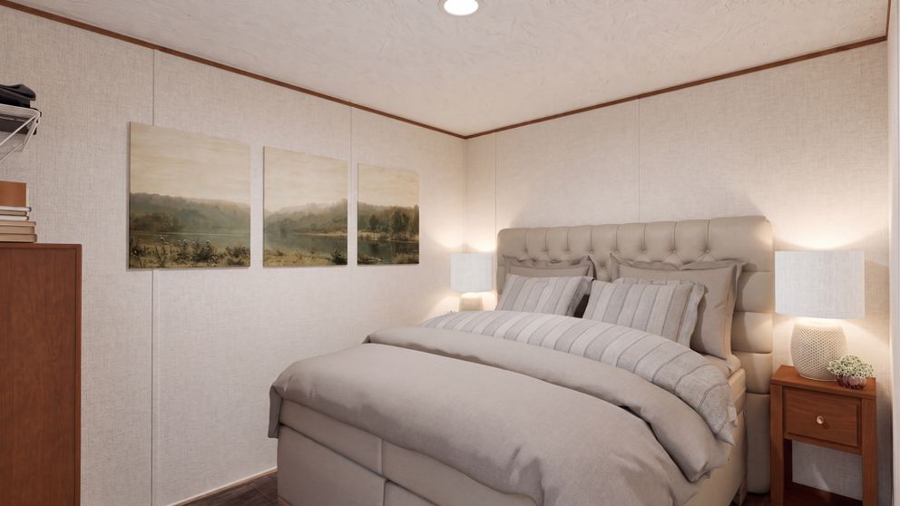 The TULIP Primary Bedroom. This Manufactured Mobile Home features 2 bedrooms and 1 bath.