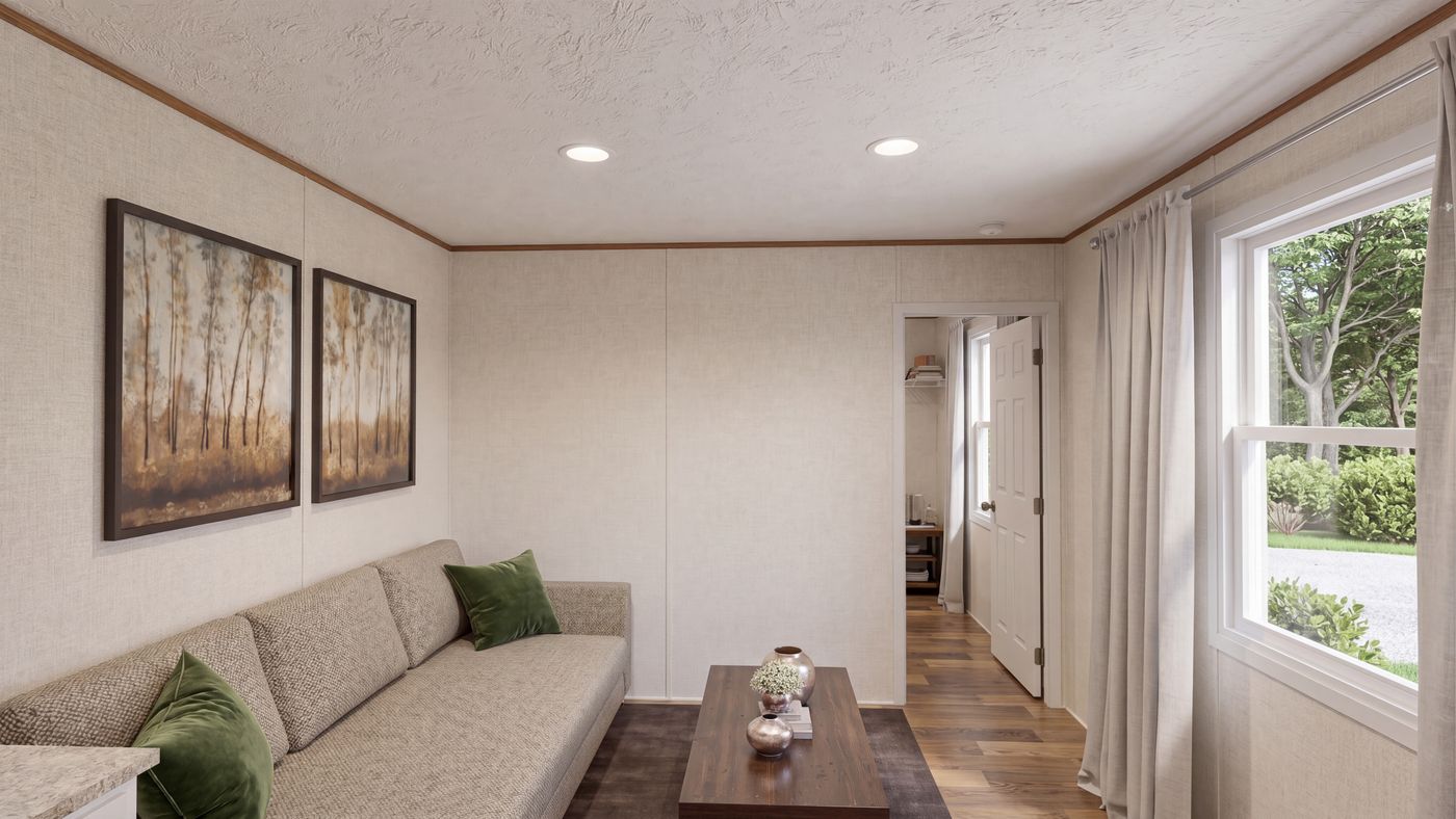 The TULIP Living Room. This Manufactured Mobile Home features 2 bedrooms and 1 bath.