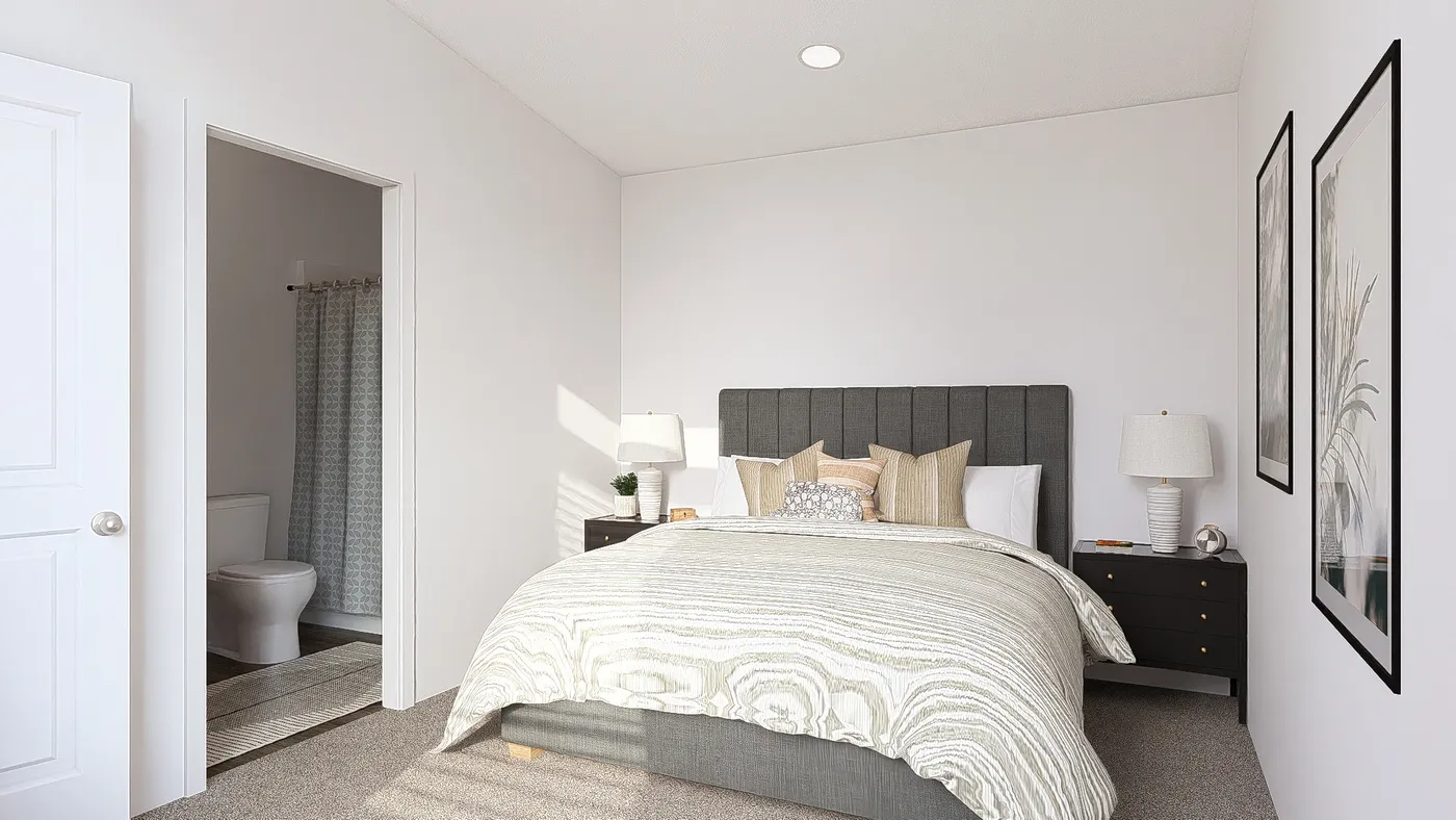 The DRM601M 60'              DREAM Primary Bedroom. This Manufactured Mobile Home features 1 bedroom and 2 baths.