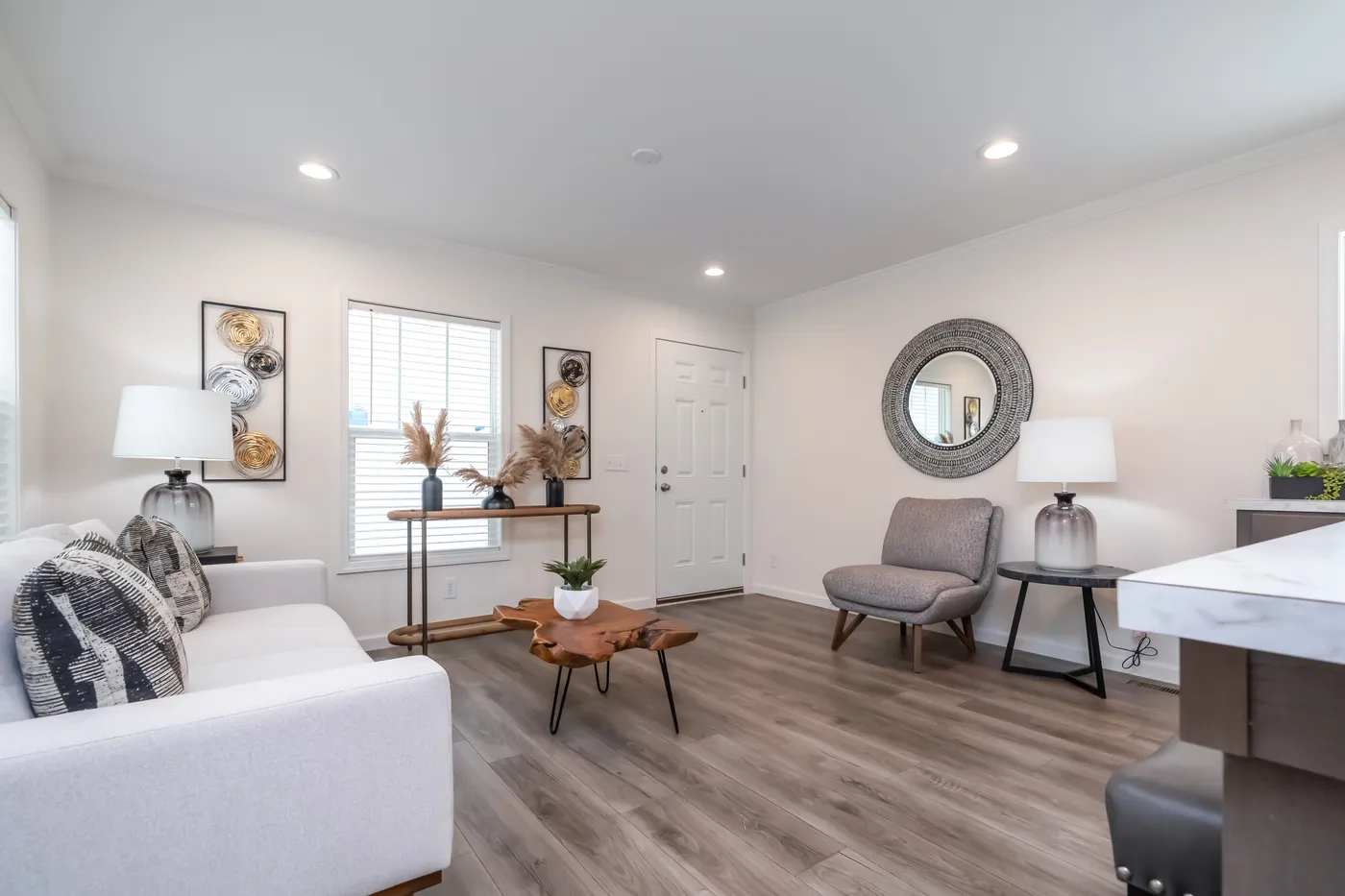 The 4200 "SOUTHPORT" 58'4X16 Living Room. This Manufactured Mobile Home features 2 bedrooms and 2 baths.