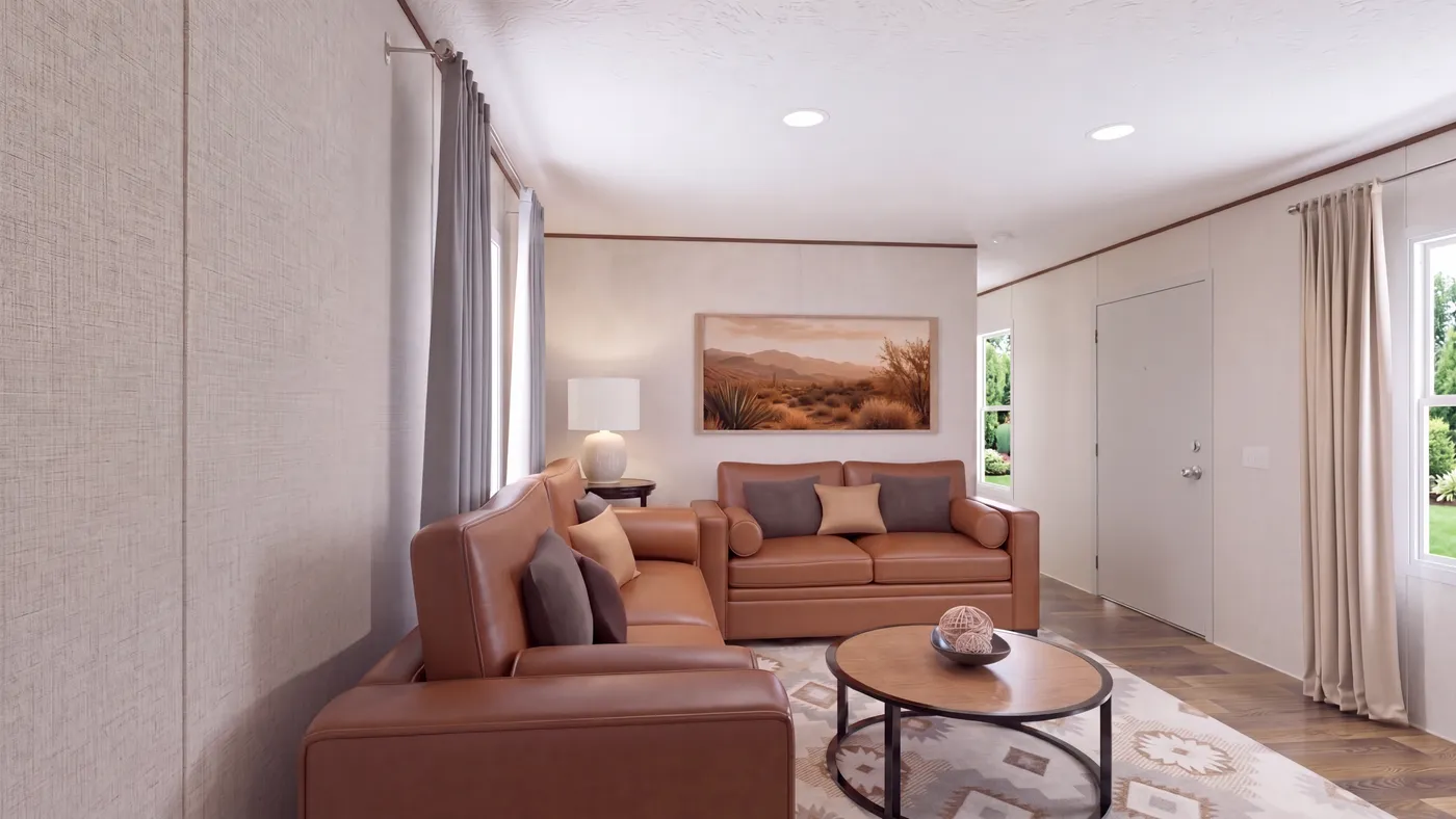 The HICKORY Living Room. This Manufactured Mobile Home features 3 bedrooms and 2 baths.