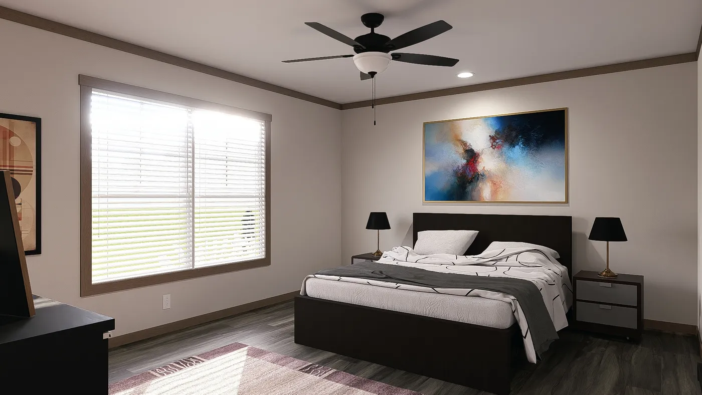 The FARM 3 FLEX Primary Bedroom. This Manufactured Mobile Home features 3 bedrooms and 2 baths.