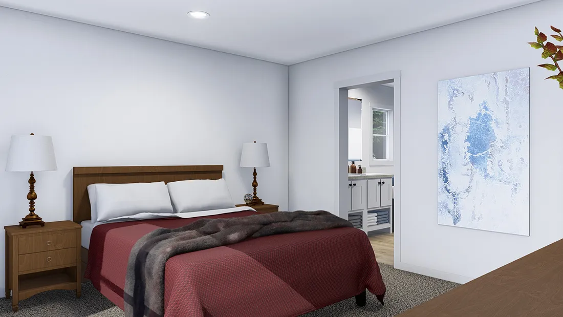 The 2856 LET IT BE Primary Bedroom. This Manufactured Mobile Home features 3 bedrooms and 2 baths.