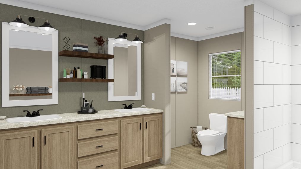 The THE FUSION 68 Primary Bathroom. This Manufactured Mobile Home features 3 bedrooms and 2 baths.