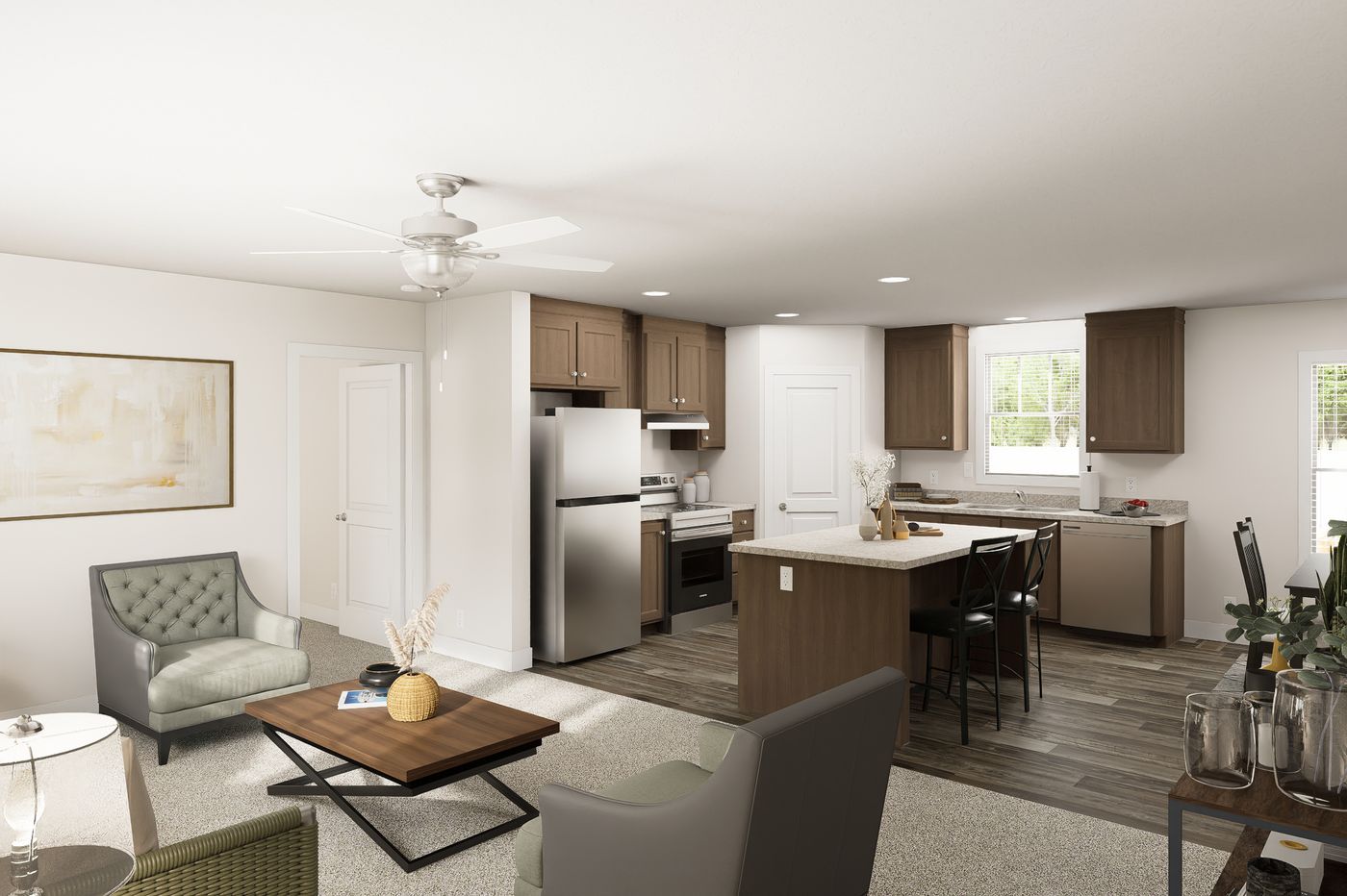 The 5628-MS067-2 HUNTINGTON Living Room. This Manufactured Mobile Home features 4 bedrooms and 2 baths.