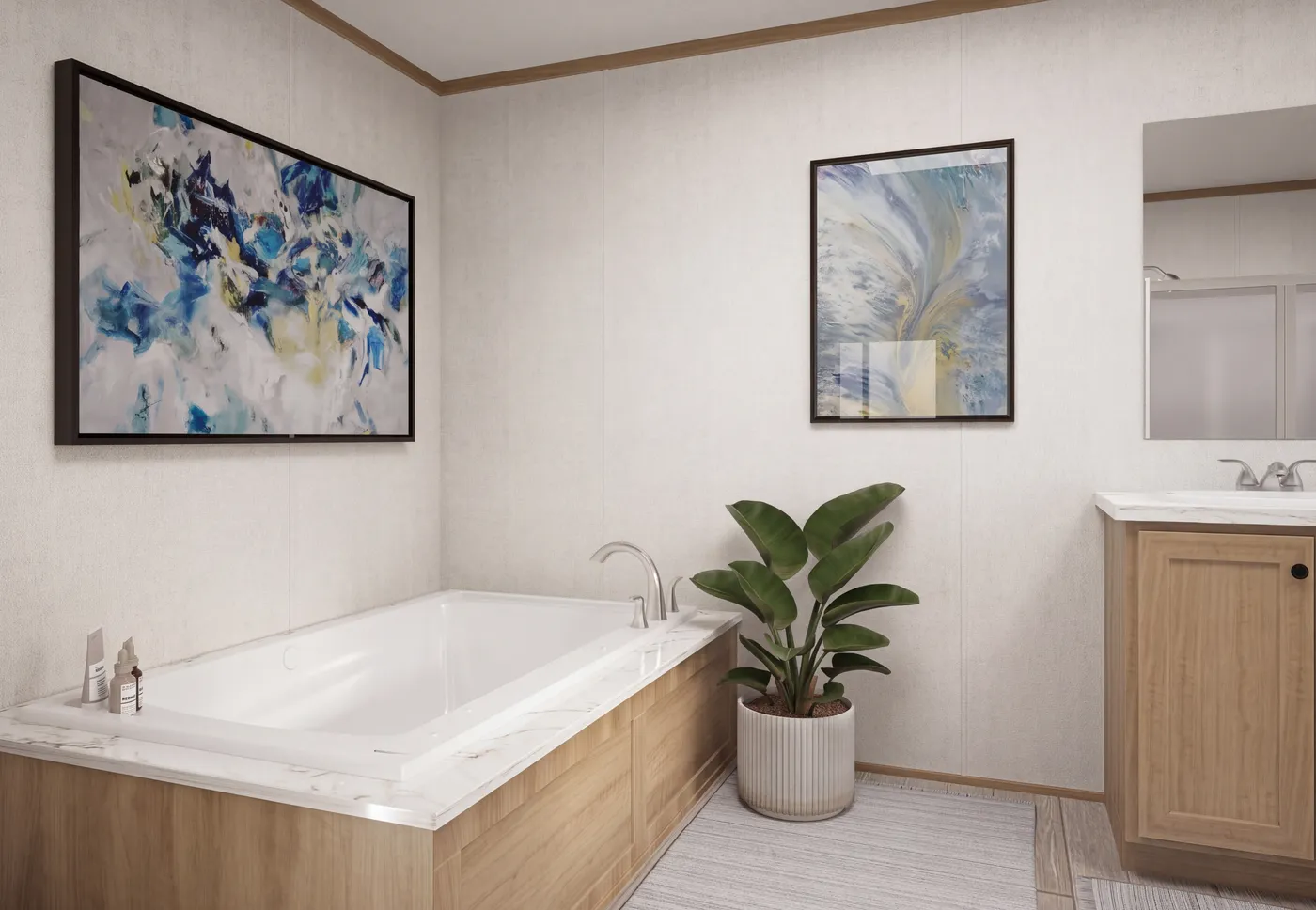 The THE MOUNTAINEER 68 Primary Bathroom. This Manufactured Mobile Home features 4 bedrooms and 2 baths.