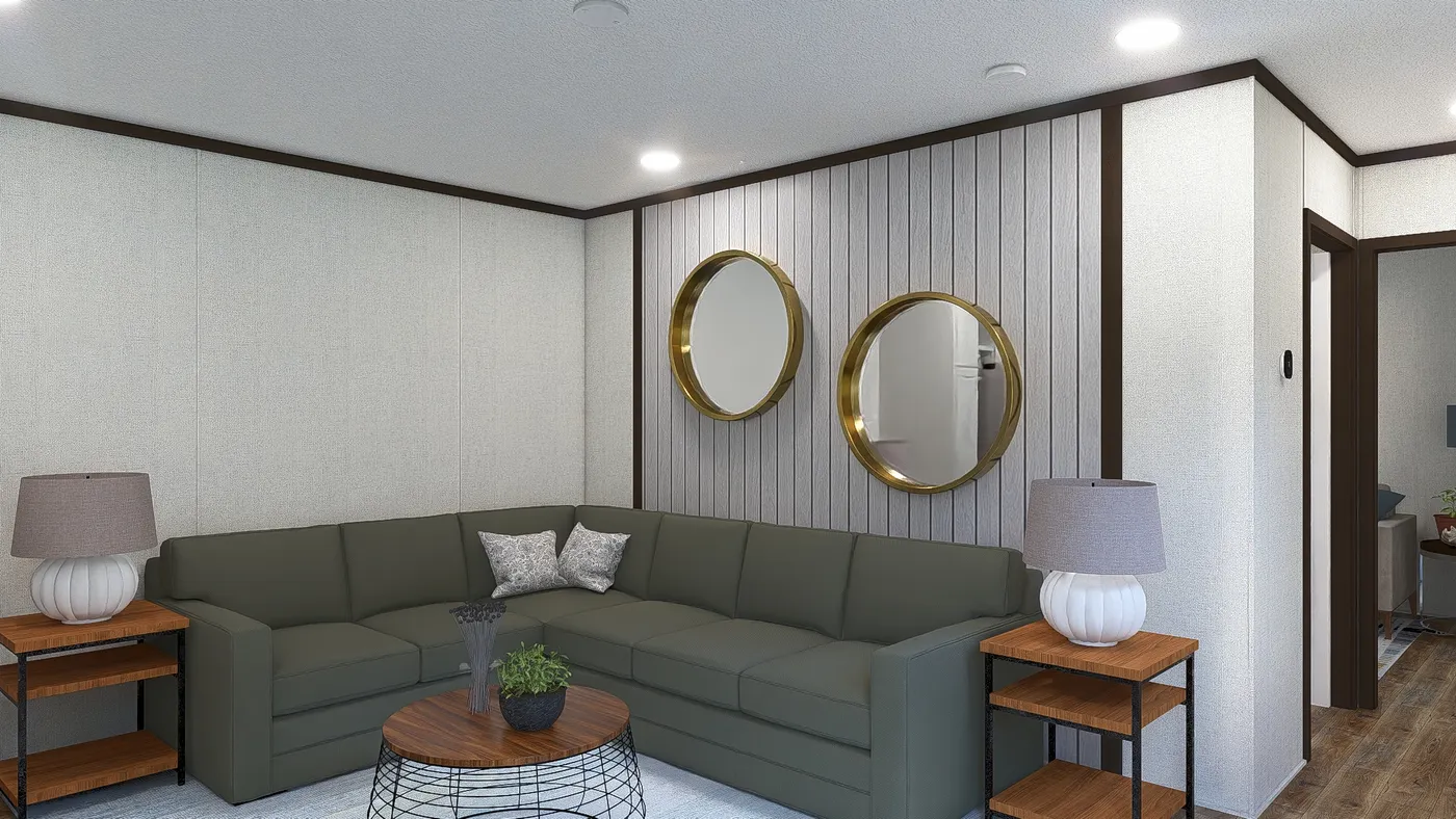 The SPIRIT Living Room. This Manufactured Mobile Home features 2 bedrooms and 2 baths.