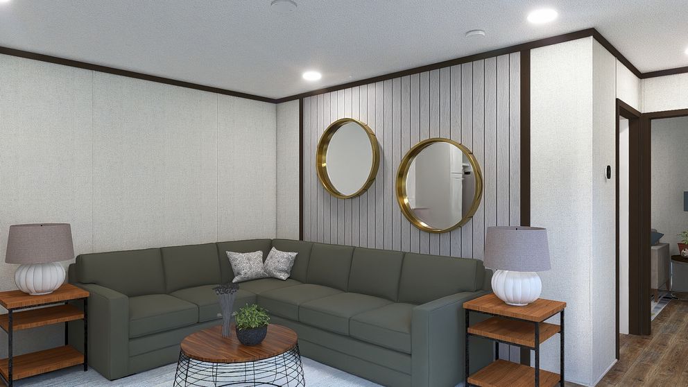 The SPIRIT Living Room. This Manufactured Mobile Home features 2 bedrooms and 2 baths.