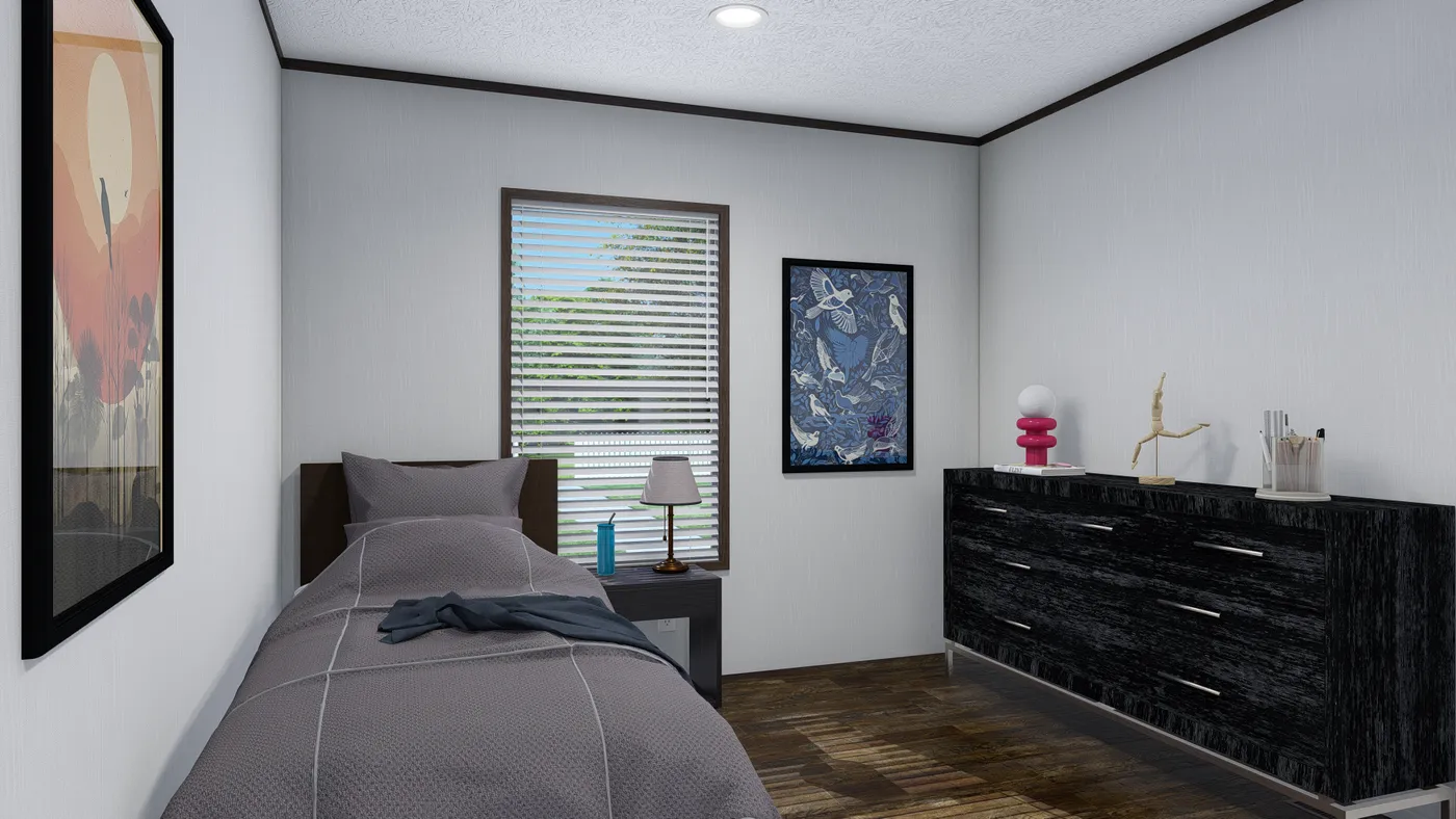 The BOLT Guest Bedroom. This Manufactured Mobile Home features 4 bedrooms and 2 baths.