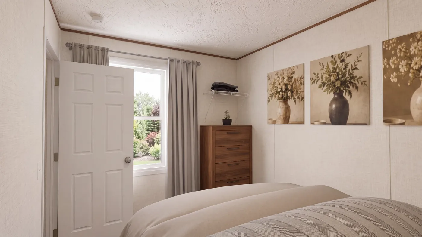 The BUTTERCUP Primary Bedroom. This Manufactured Mobile Home features 1 bedroom and 1 bath.