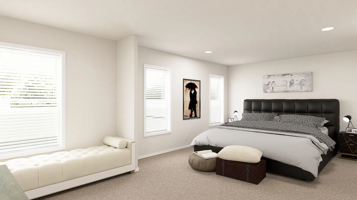 The DRM682F 68'              DREAM Primary Bedroom. This Manufactured Mobile Home features 4 bedrooms and 2 baths.
