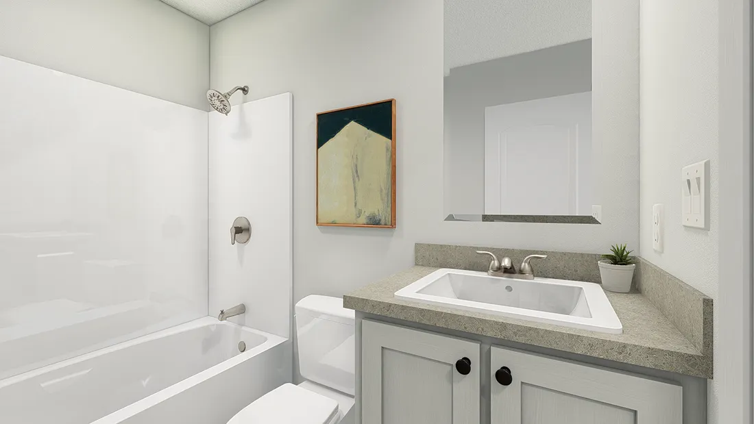 The SOLSBURY HILL 7616 TEMPO Guest Bathroom. This Manufactured Mobile Home features 3 bedrooms and 2 baths.