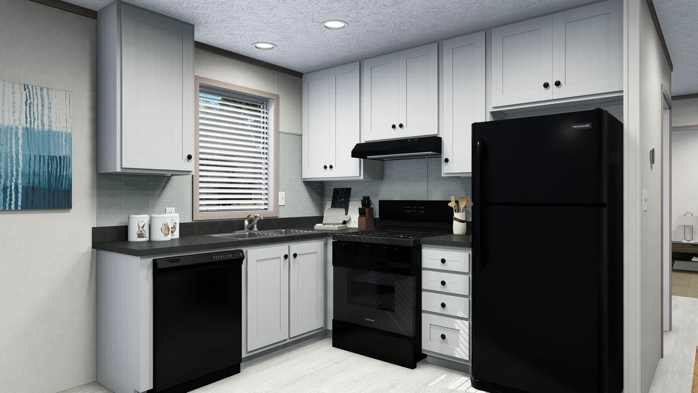 The 4814-4790 THE PULSE Kitchen. This Manufactured Mobile Home features 2 bedrooms and 1 bath.