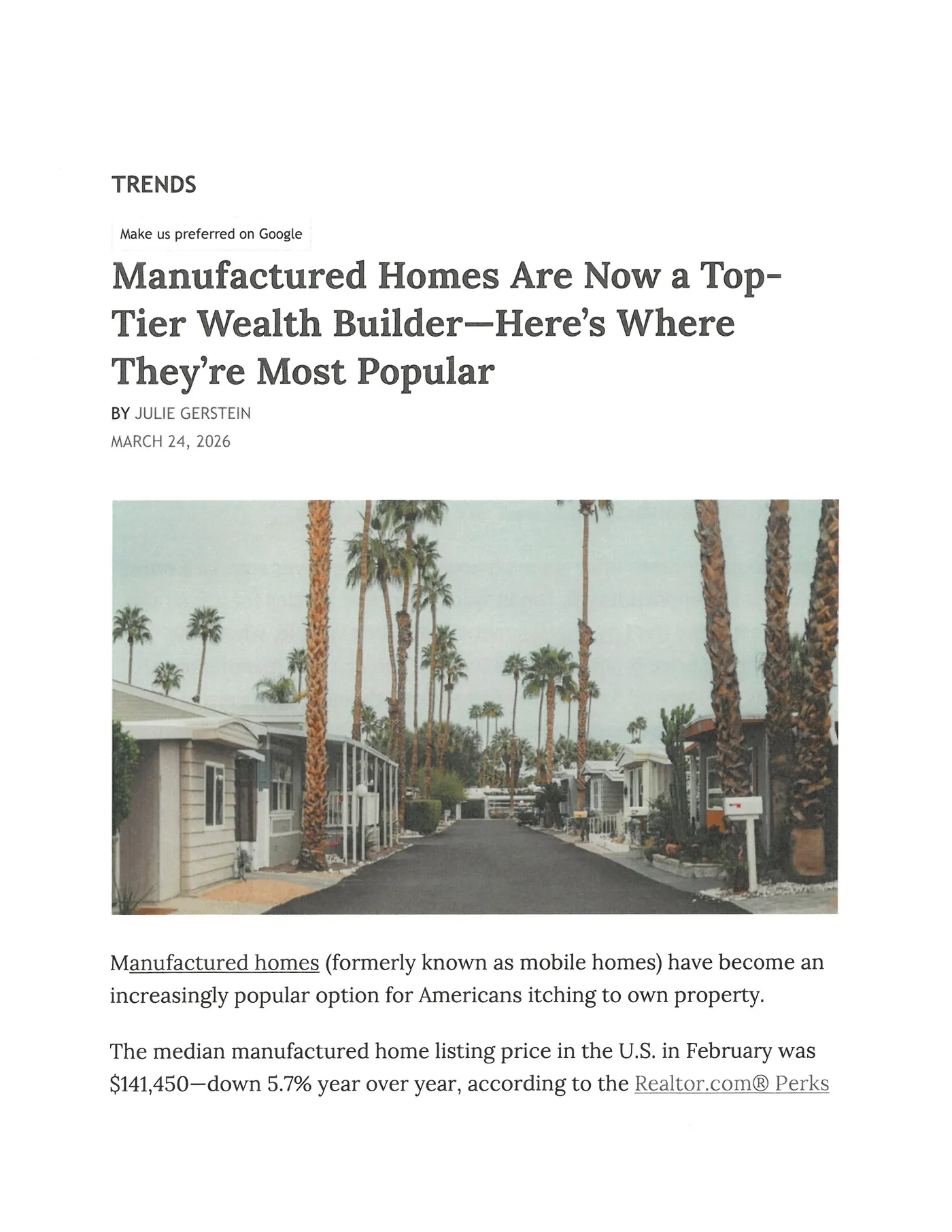 Manufactured Homes Are Now Top Tier Wealth Builder image