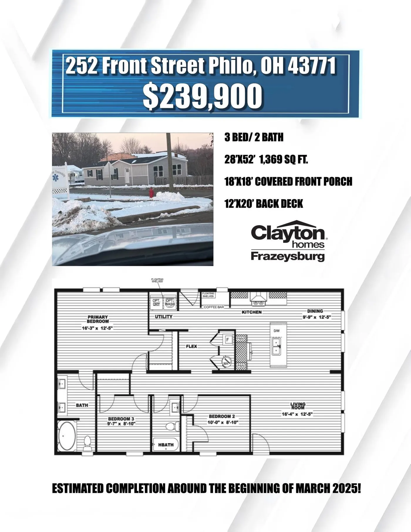 New 3 BR Home on Lot w Hookups Philo Ohio