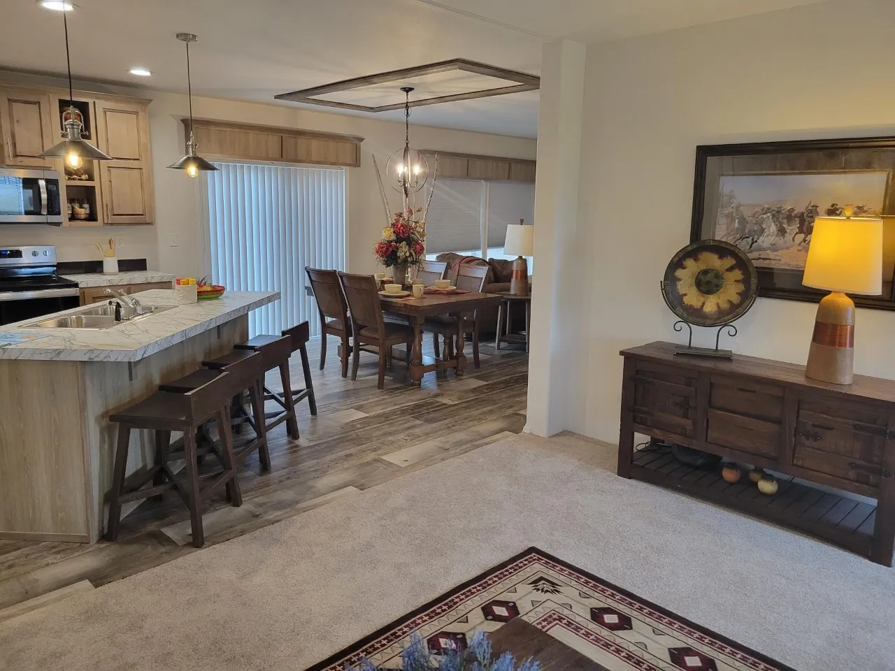 kitchen island and dining room