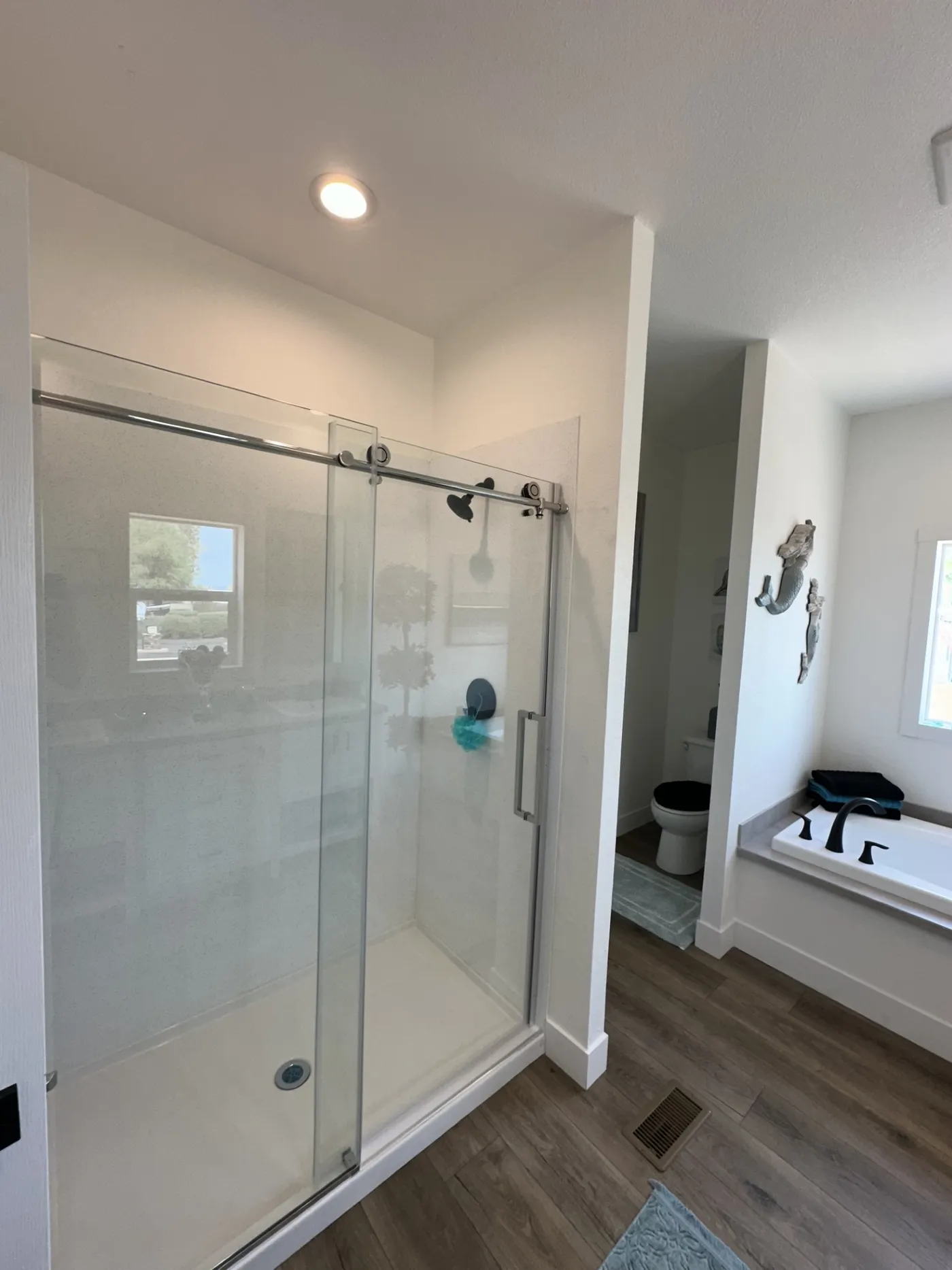 Solid surface shower walls with glass barn doors 