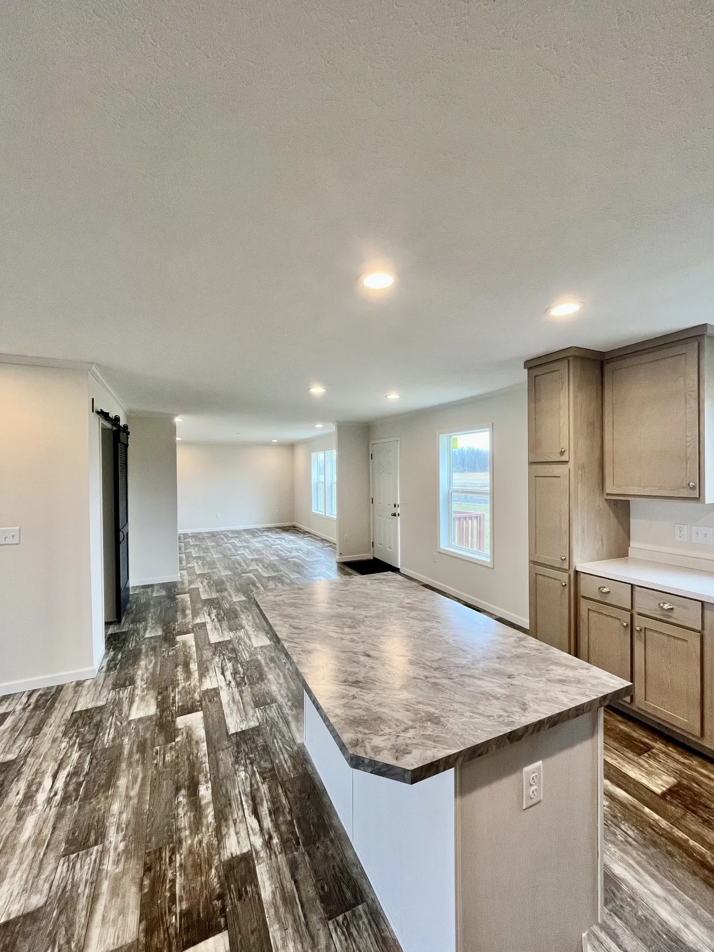 Kitchen showing family room in the back. Open plan .