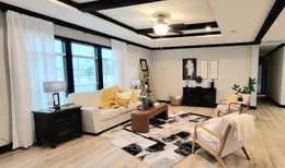 The perfect blend of rustic and chic. 8 1\2 ft. ceiling with wood beams and tray ceiling.