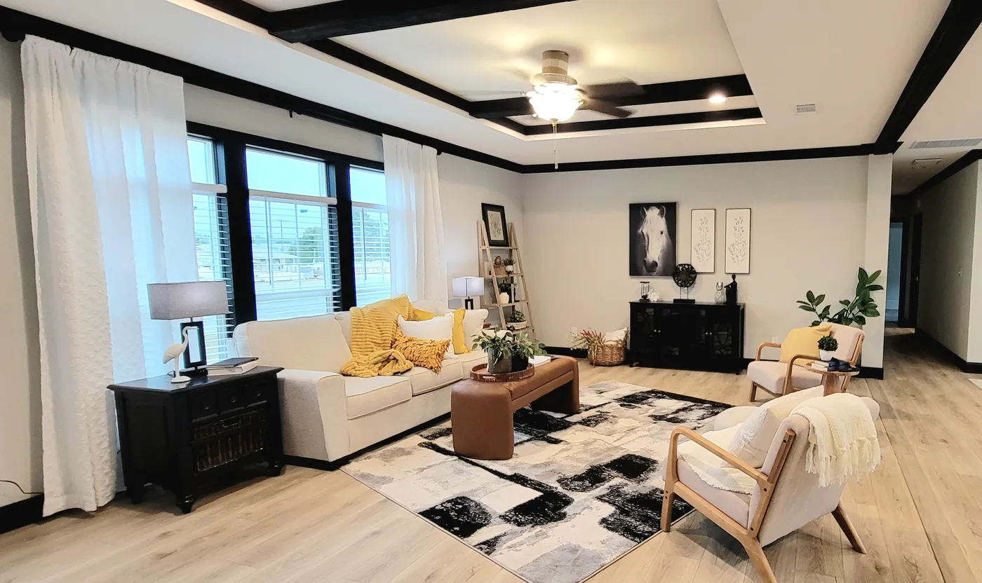 The perfect blend of rustic and chic. 8 1\2 ft. ceiling with wood beams and tray ceiling.