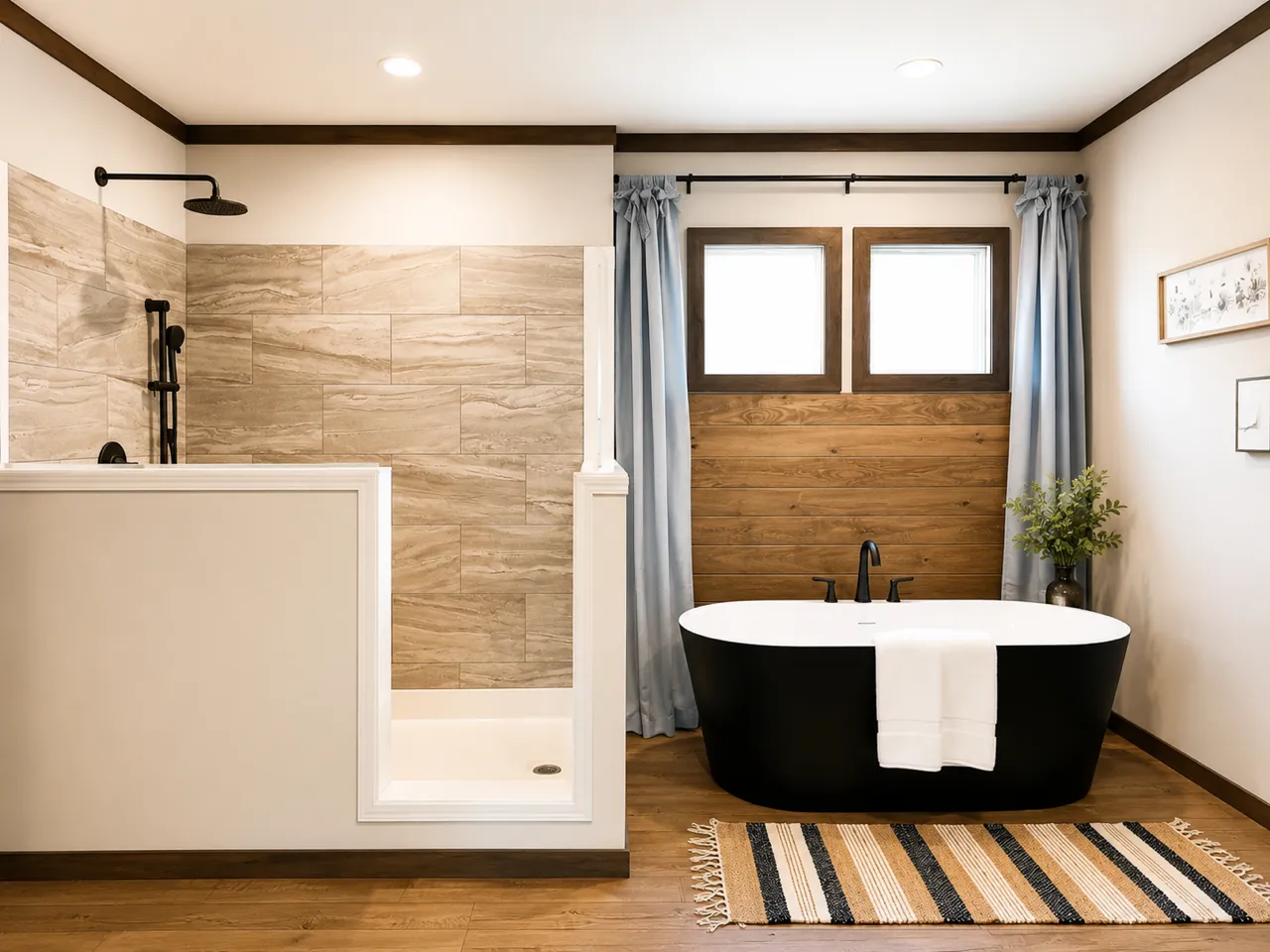 Walk-in tile shower and a soakertub