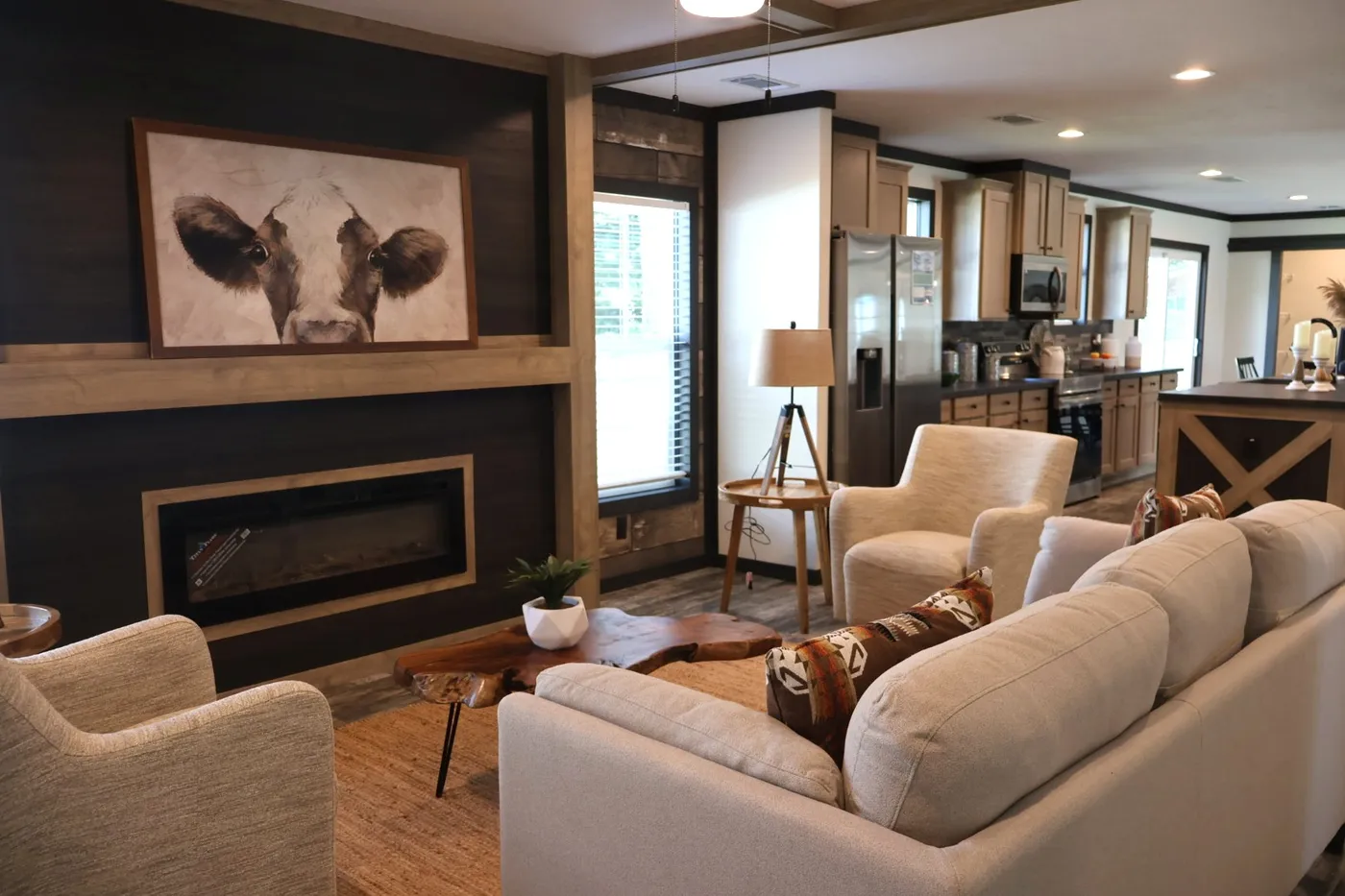 Den + has an electric fireplace