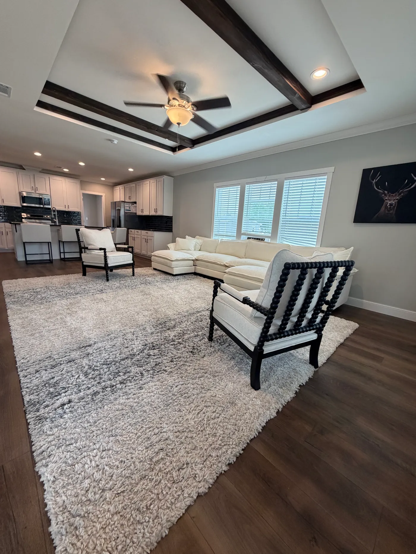 Generous living room with tray ceiling 