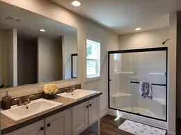 Double sinks and walk-in shower.