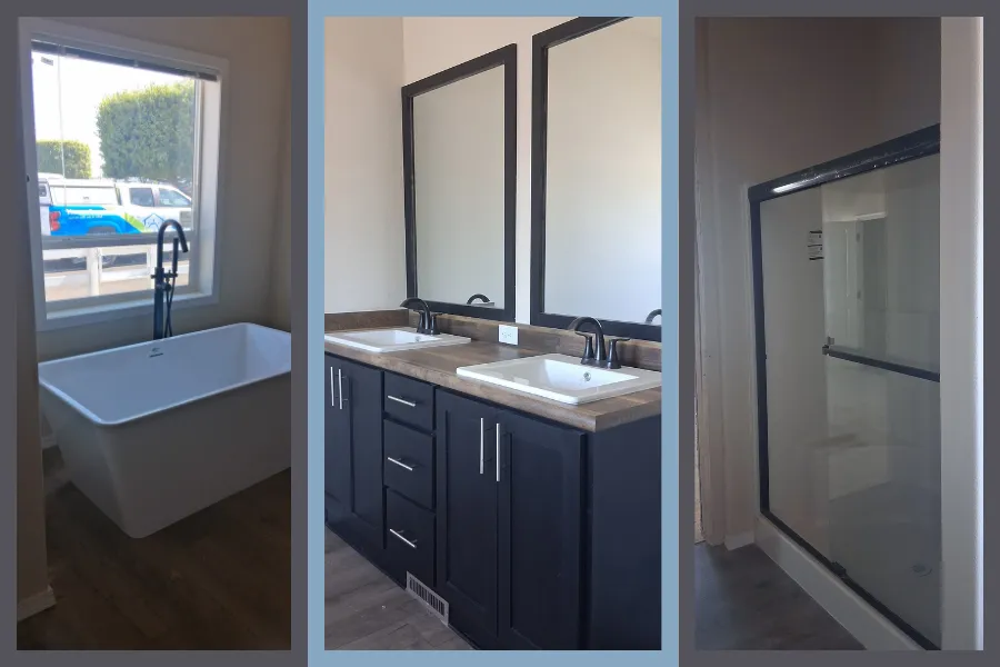 Primary bathroom features garden soaking tub, separate shower and double sink and mirrors.