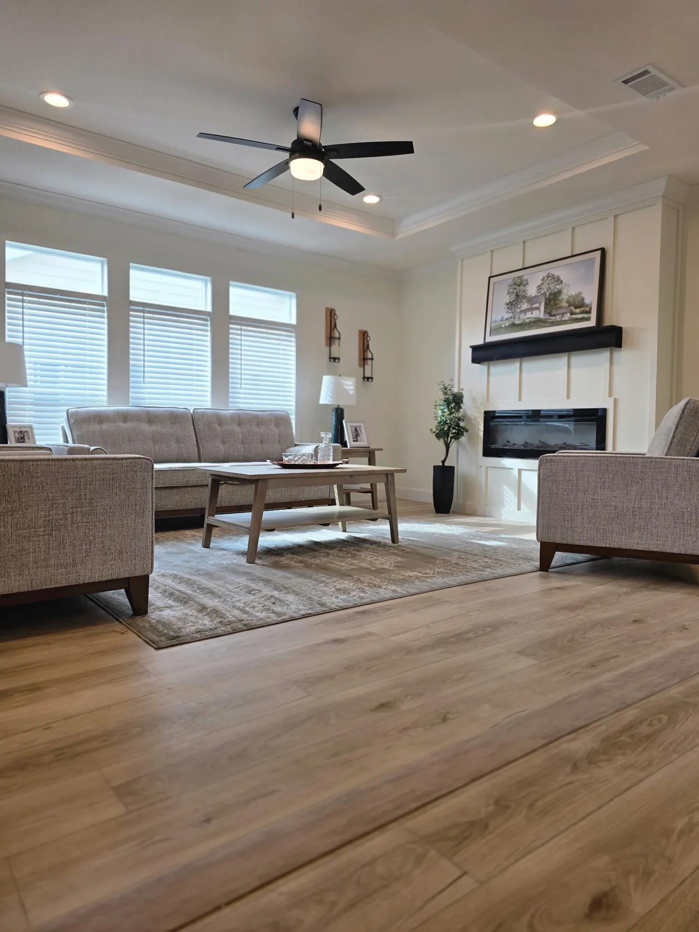 Large living room with electric fireplace