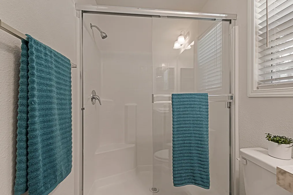 Full length shower with door in primary bathroom