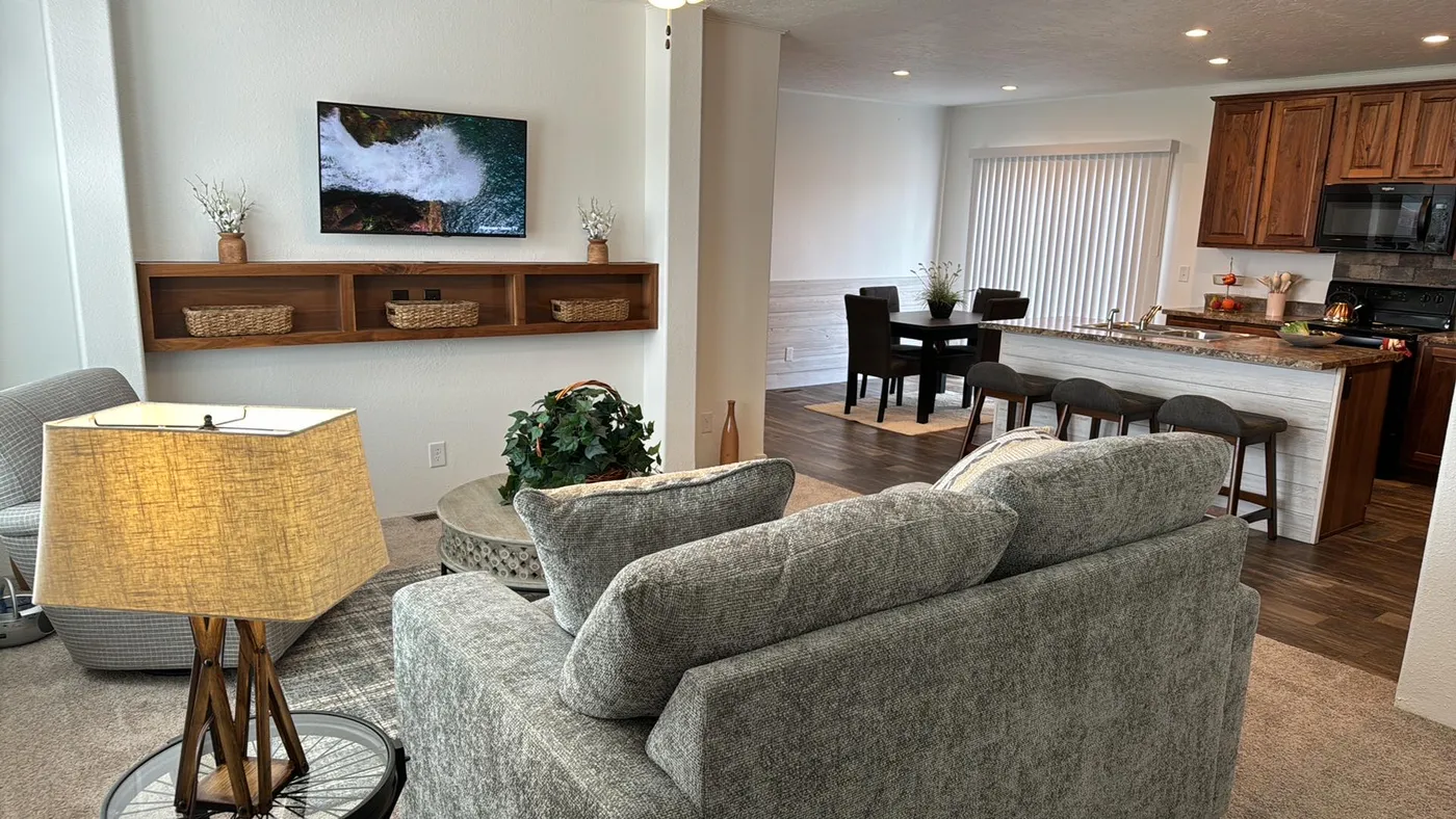 Open floor plan with entertainment center.