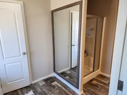 Tall mirror next to walk-in closet and soaking tub