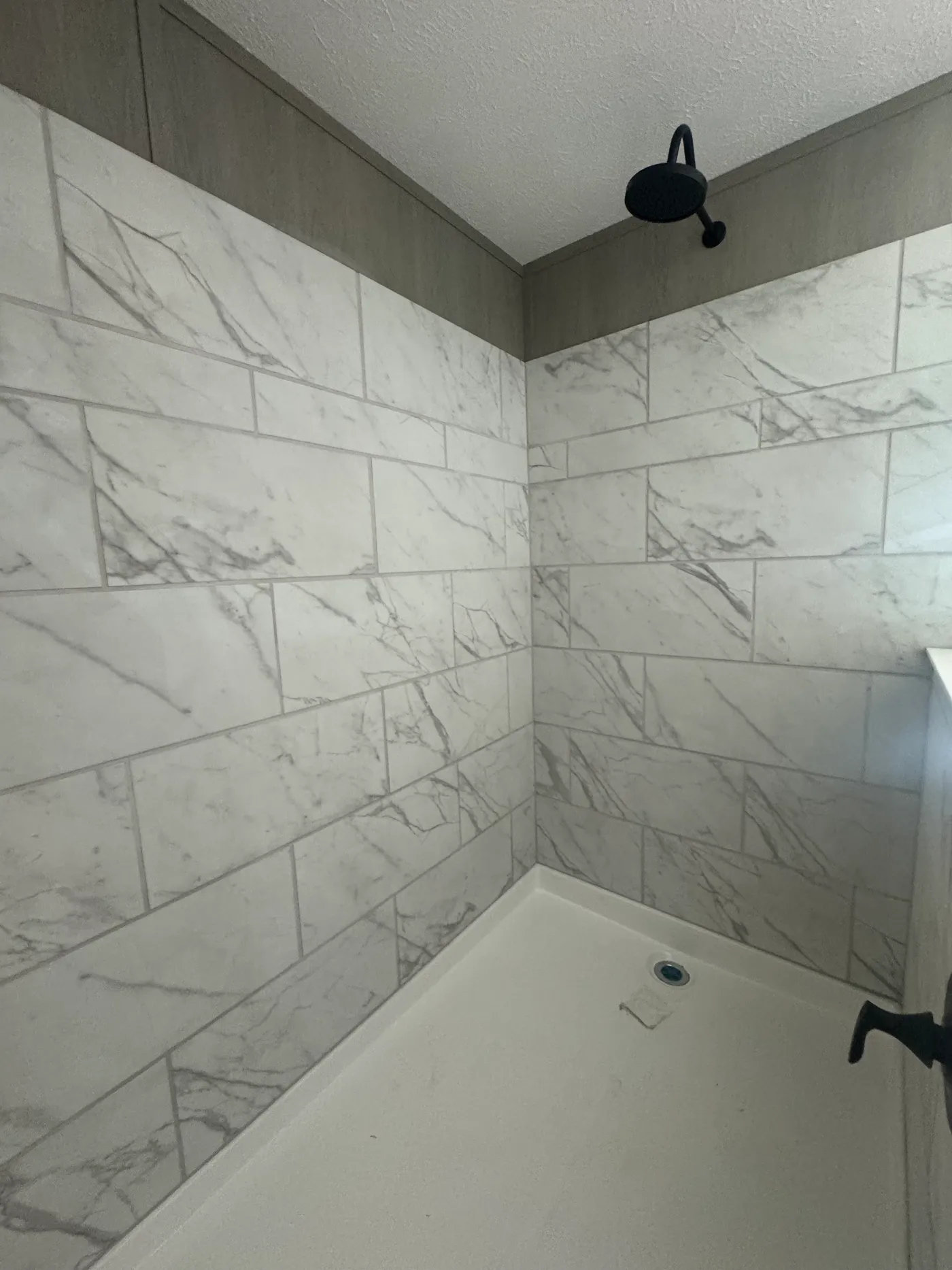 6ft walk in tile shower with rainfall showerhead. 