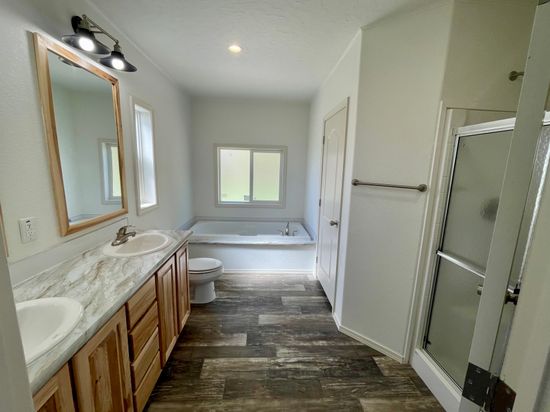 Glamour bath with oversized soaking tub, dual-sink vanity, AND walk-in shower.