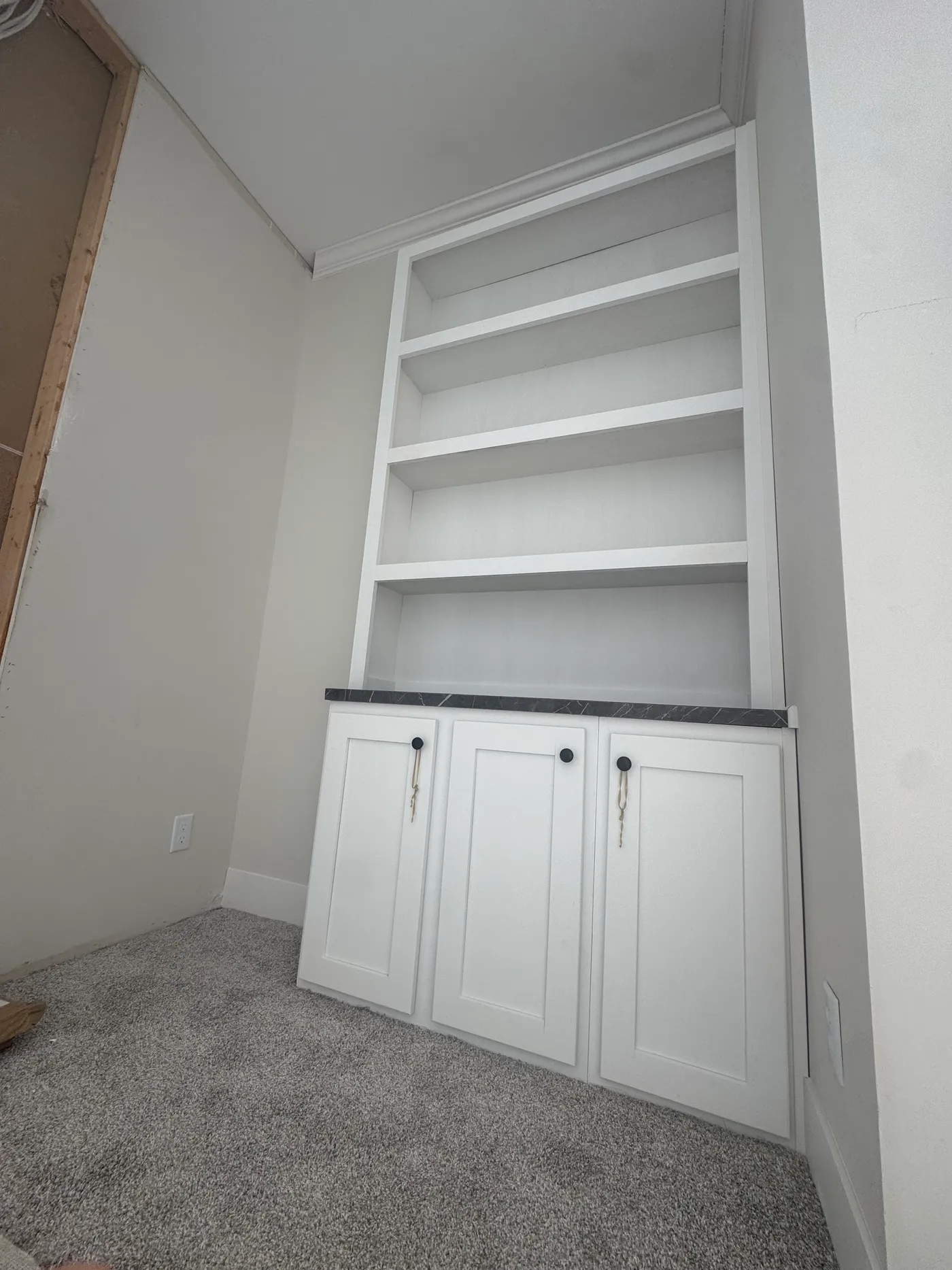 Living room bookcases on each side of the fireplace. 