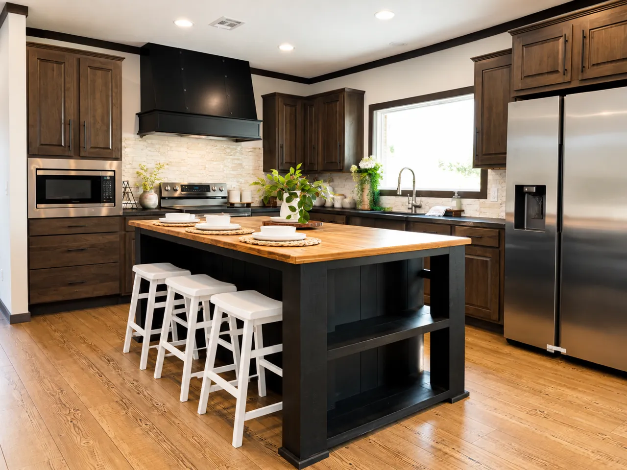 Huge butcher block island, stainless steel Samsung appliances and farmhouse kitchen sink. 