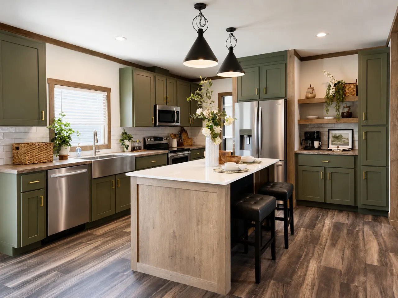 Quartz island, farmhouse kitchen sink and stainless steel Samsung appliances