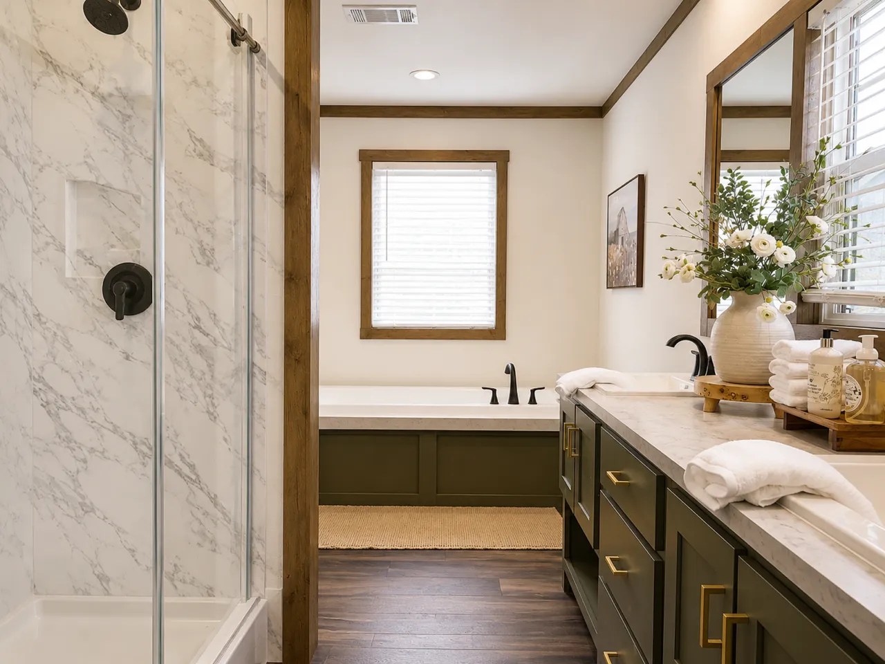 Walk-in marble shower, 2 sinks and soaker tub