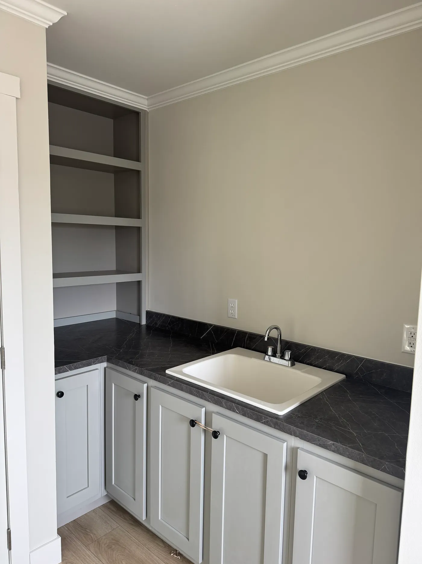 Utility sink and base cabinet storage. 