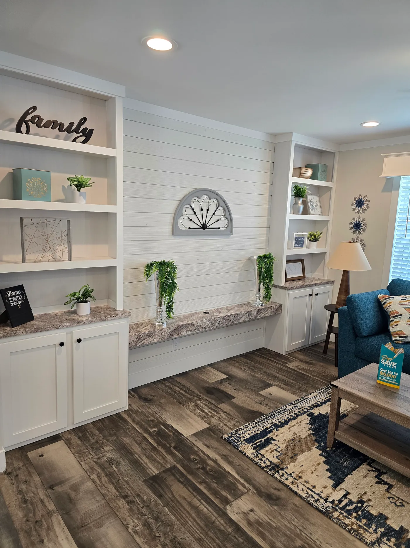 Shelving and Shiplap! Fireplace available