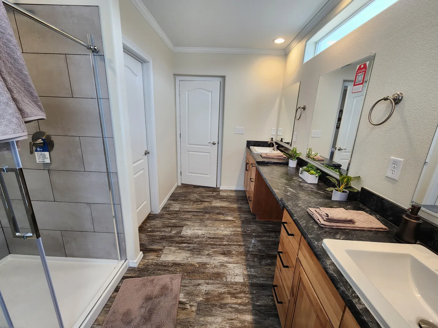 Walk-in shower, double sinks, toilet closet